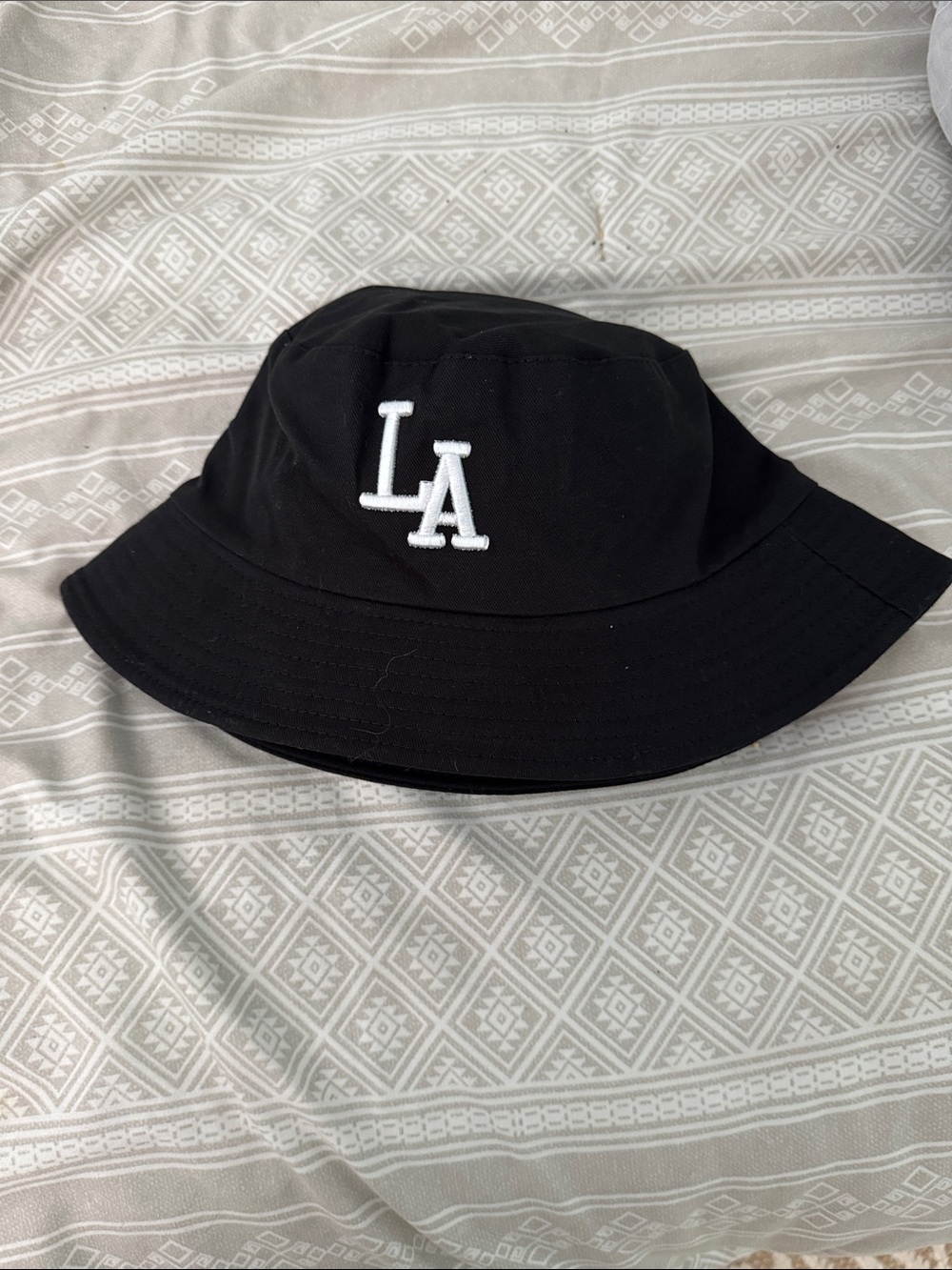 Fashion Nova Black Bucket Hat with White LA Embroidery
